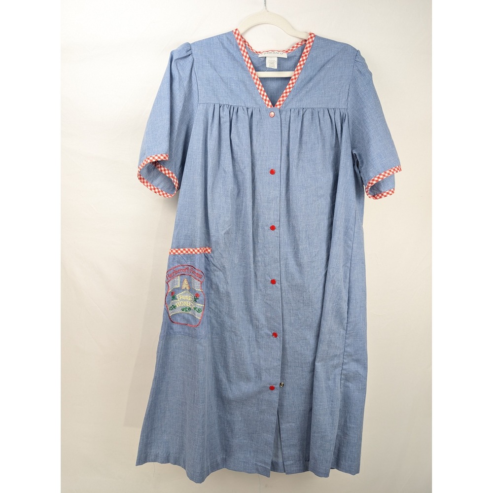 Vintage 90s Cottagecore House Dress Size M Blue Chambray Honey Bee Embroidered